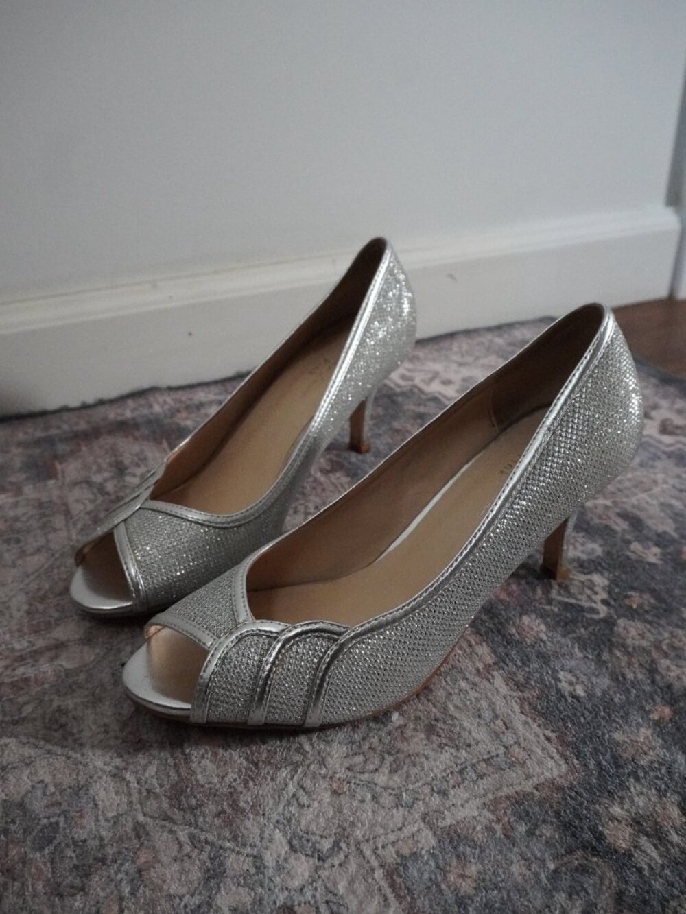 Paradox London Pink Silver Sparkling Open Toe Heel Shoes Size 7.5 Wedding Formal